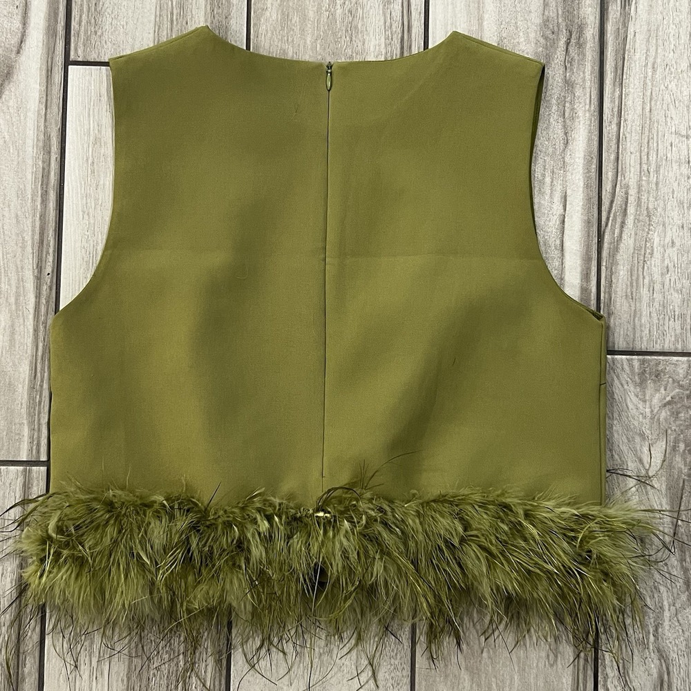 La'Ros Feather Trim Crop Top Women Medium Olive Green Excellent Sleeveless Glam - Picture 2 of 7